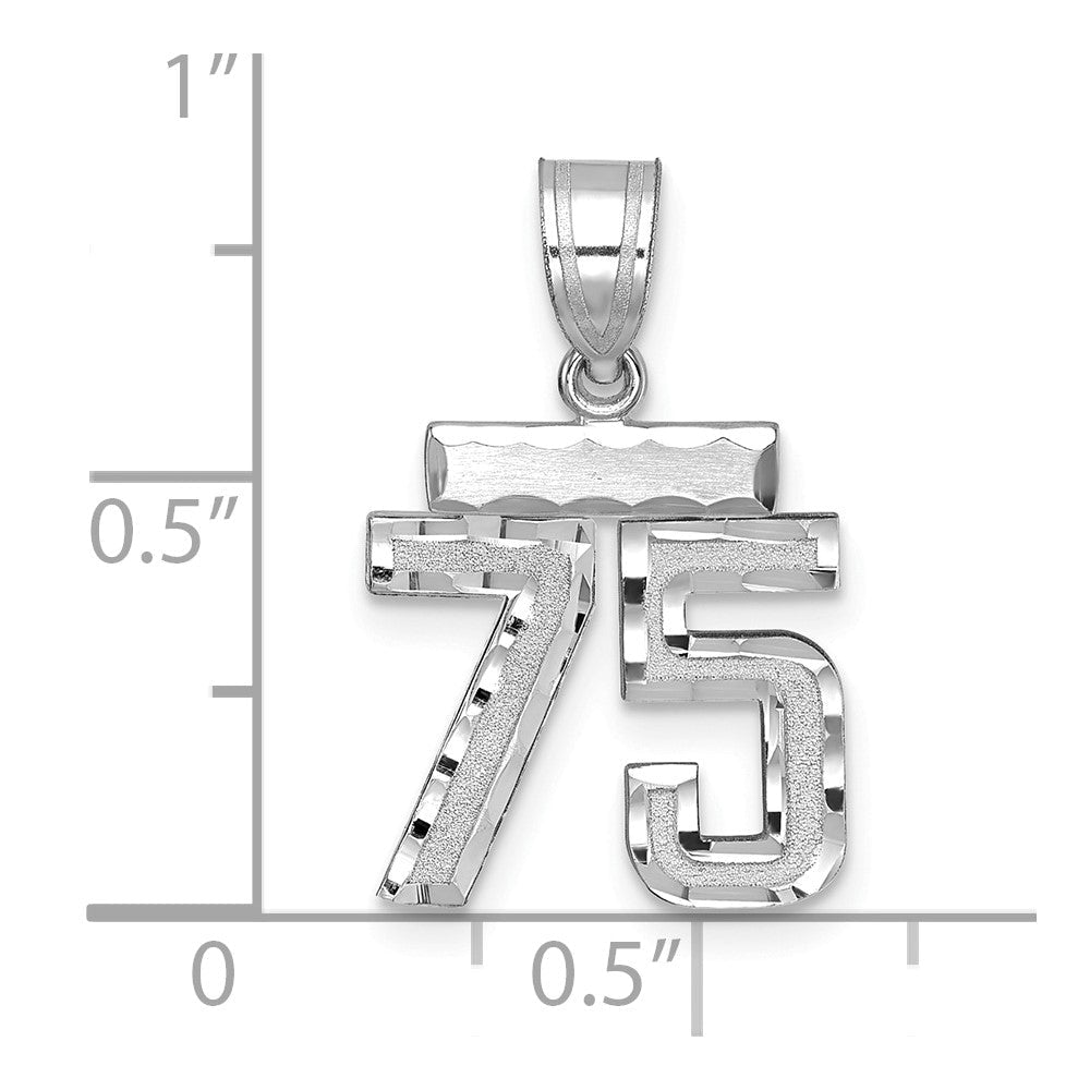 14K Weißgold Kleiner Gebürsteter Diamantgeschliffener Zahl-75-Charm