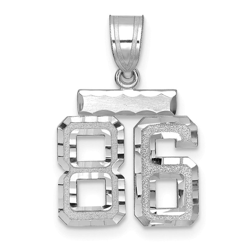 14K Weißgold kleiner gebürsteter diamantgeschliffener Zahl-86-Charm