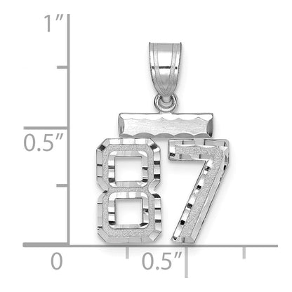 585 Weißgold kleiner gebürsteter Zahl-87-Charm mit Diamantschliff