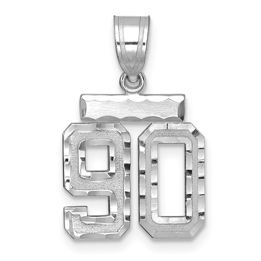 14K Weißgold kleiner gebürsteter Charm mit Diamantschliff-Zahl 90