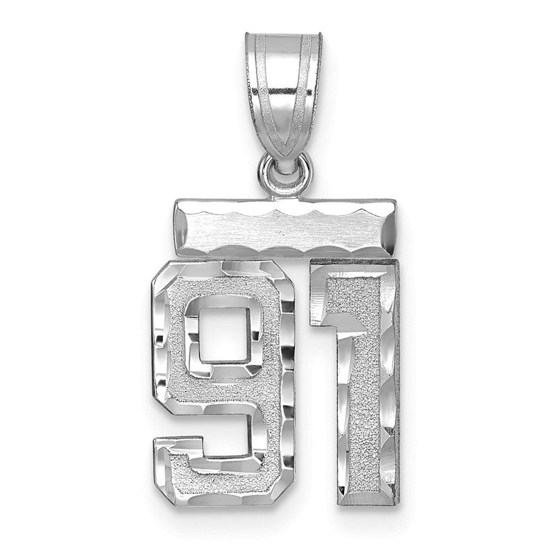 14K Weißgold kleiner gebürsteter Charm mit Diamantschliff Zahl 91