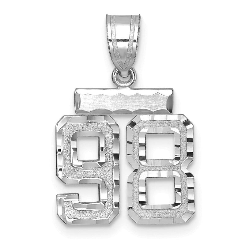 14K Weißgold kleiner gebürsteter Charm mit Diamantschliff Zahl 98