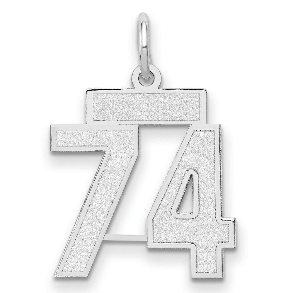 14K Weißgold kleiner satinierter Charm mit Zahl 74