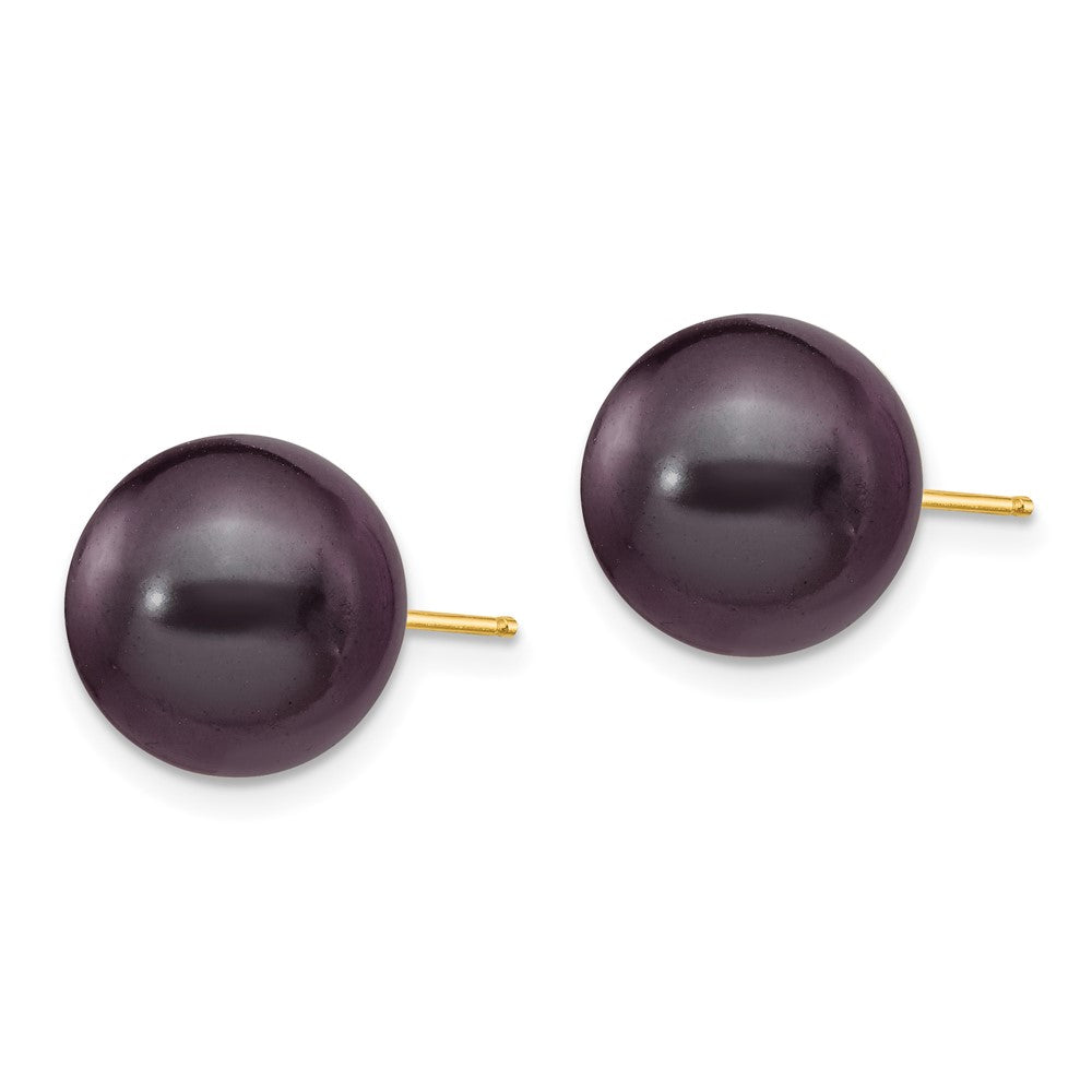 14K Gelbgold 10 11mm Schwarz Rund Süßwasser Zuchtperle Ohrstecker