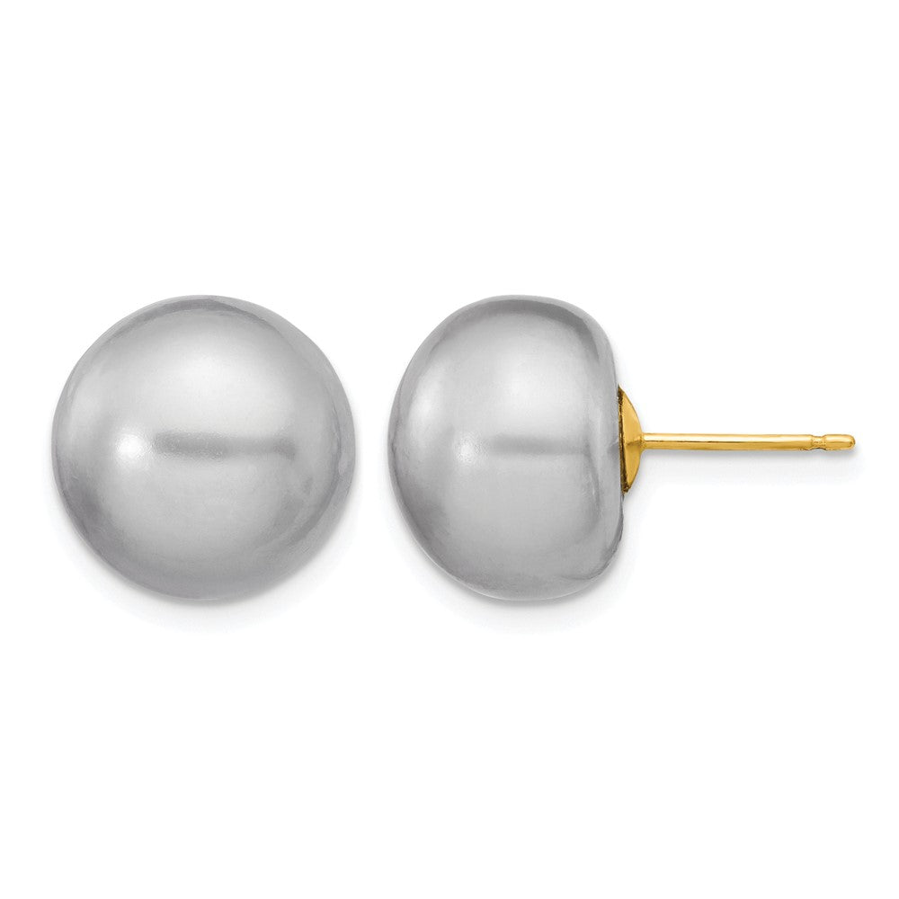 14K Gelbgold 12-13mm Grau Knopf Süßwasser Zuchtperle Ohrstecker