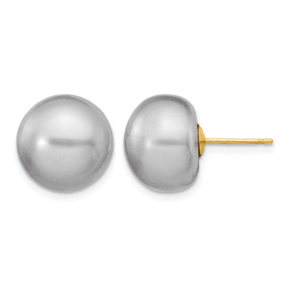 14K Gelbgold 12-13mm Grau Knopf Süßwasser Zuchtperle Ohrstecker