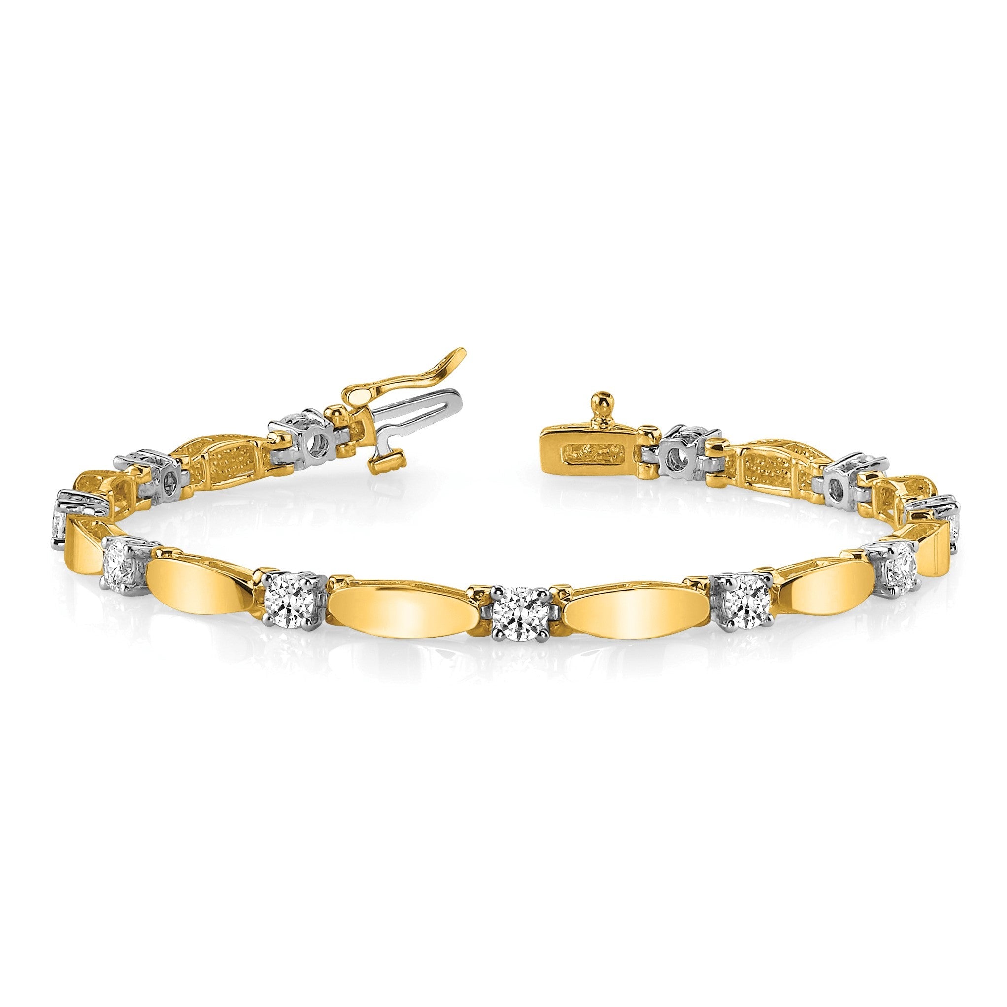14K Bicolor Komplett 2.75 Karat Rund Aa Diamant Gebogen Stab Glieder 7 Zoll Tennis Armband