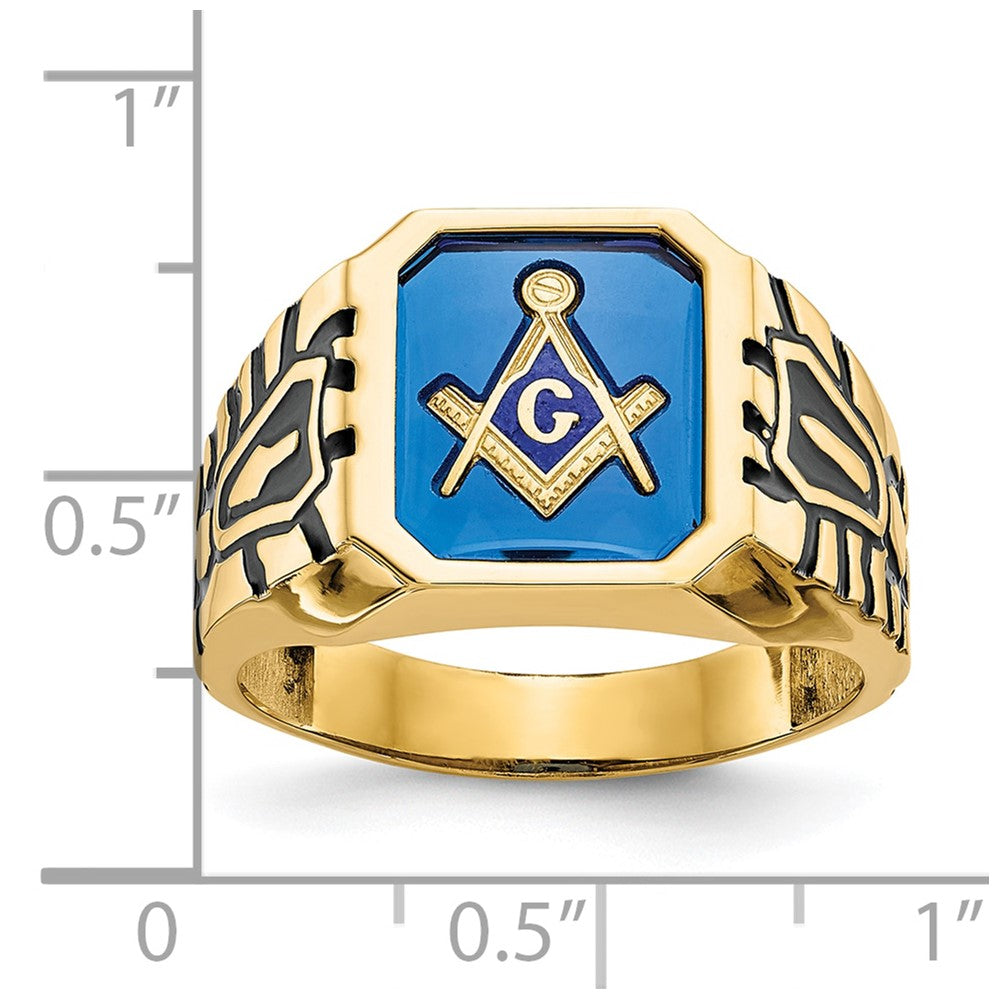 14K Gelbgold Herren Poliert, Antikisiert und Gerillt mit Imitat Blau Spinell Freimaurer Ring
