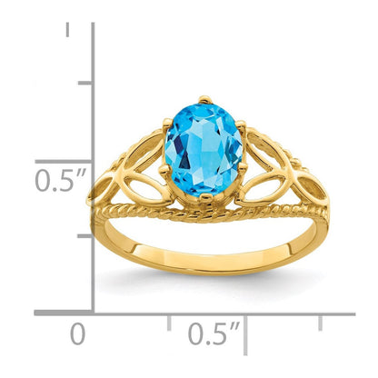 14K Gelbgold Ring mit ovalem 8x6mm Blautopas im Schachbrettschliff