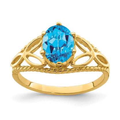 14K Gelbgold Ring mit ovalem 8x6mm Blautopas im Schachbrettschliff