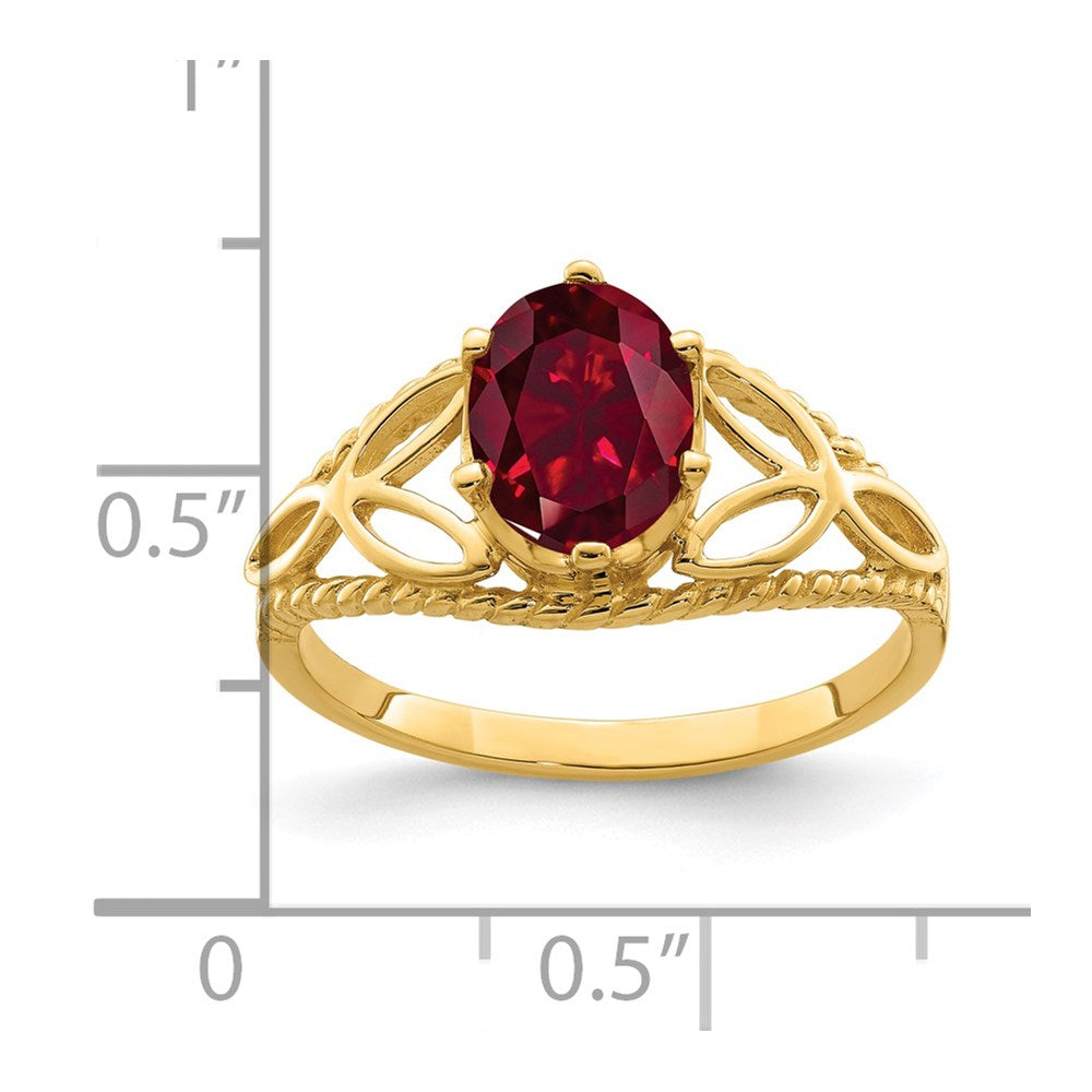 Massiv 14K Gelbgold 8x6mm Oval Erzeugt Synthetisch Rubin Ring