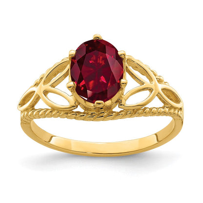 Massiv 14K Gelbgold 8x6mm Oval Erzeugt Synthetisch Rubin Ring