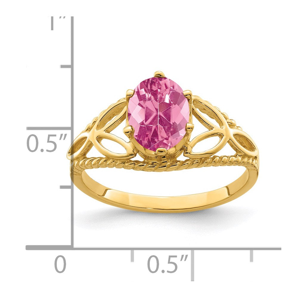 Massiver Ring aus 14K Gelbgold mit ovalem simuliertem Pink-Turmalin, 8x6 mm