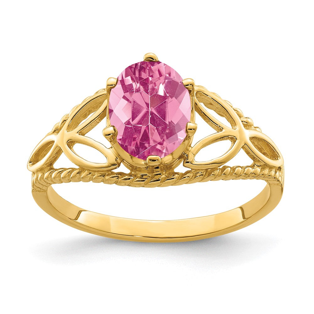 Massiver Ring aus 14K Gelbgold mit ovalem simuliertem Pink-Turmalin, 8x6 mm