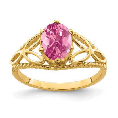 Massiver Ring aus 14K Gelbgold mit ovalem simuliertem Pink-Turmalin, 8x6 mm