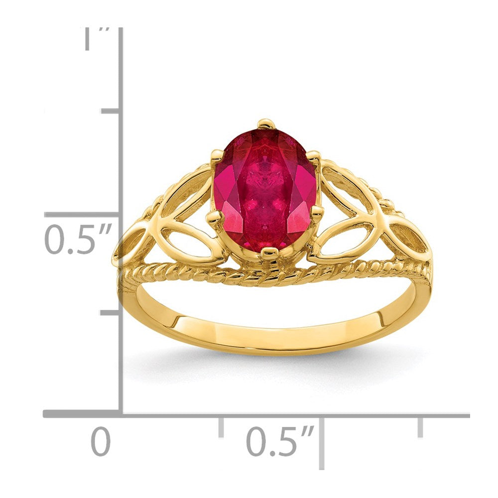 Massiv 14K Gelbgold 8x6mm Oval Synthetisch Rubin Ring