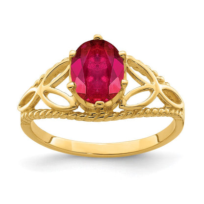 Massiv 14K Gelbgold 8x6mm Oval Synthetisch Rubin Ring