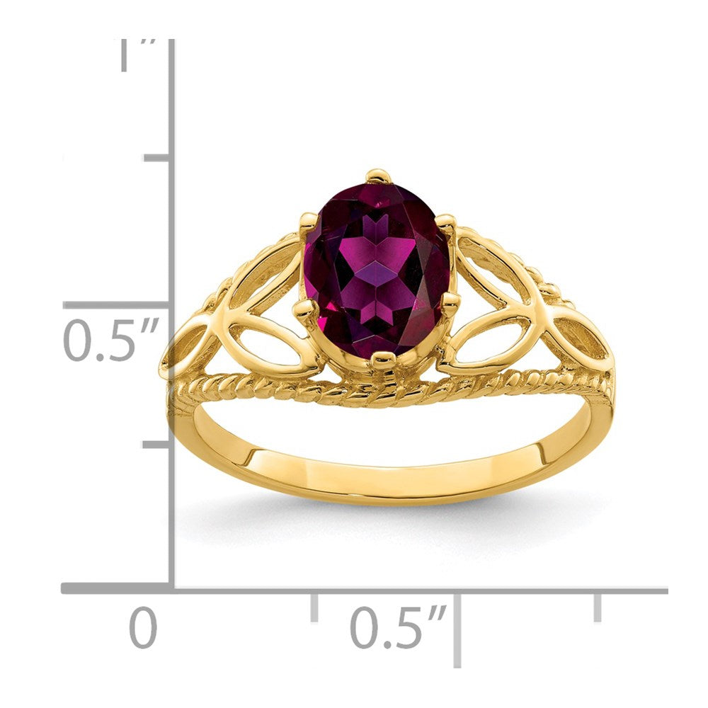Ring aus massivem 14K Gelbgold mit ovalem, simuliertem Rhodolith-Granat, 8x6mm