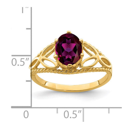 Ring aus massivem 14K Gelbgold mit ovalem, simuliertem Rhodolith-Granat, 8x6mm