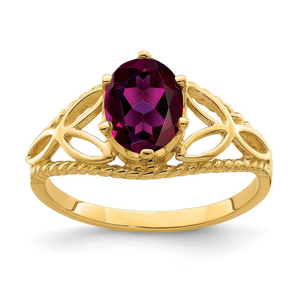 Ring aus massivem 14K Gelbgold mit ovalem, simuliertem Rhodolith-Granat, 8x6mm
