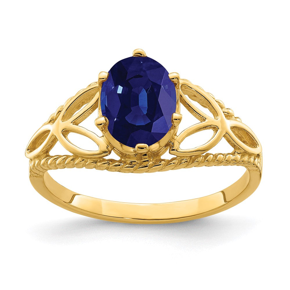 Massiv 14K Gelbgold 8x6mm Oval Synthetisch Saphir Ring