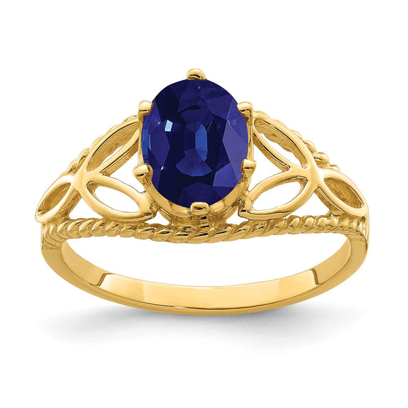 Massiv 14K Gelbgold 8x6mm Oval Synthetisch Saphir Ring