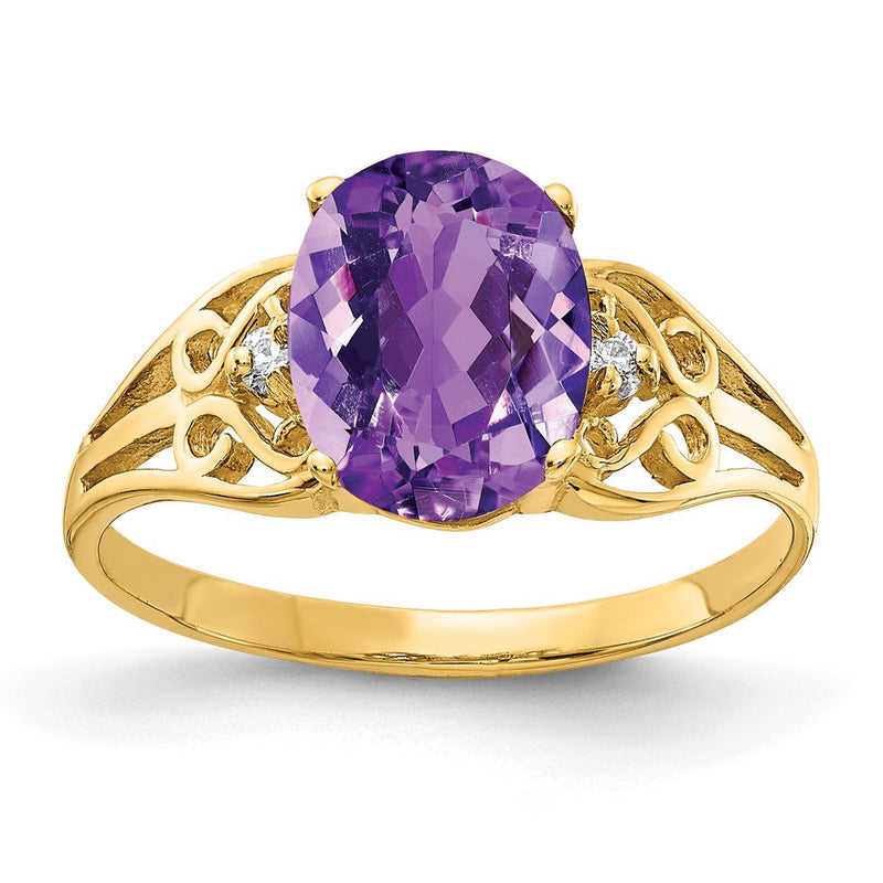14K Gelbgold 9x7mm Oval Amethyst Karo A Diamant Ring