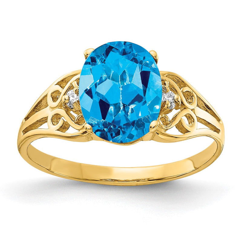 14 Karat Gelbgold Ring mit ovalem 9x7 mm Blautopas im Schachbrettschliff, AA-Qualität, und echten Diamanten