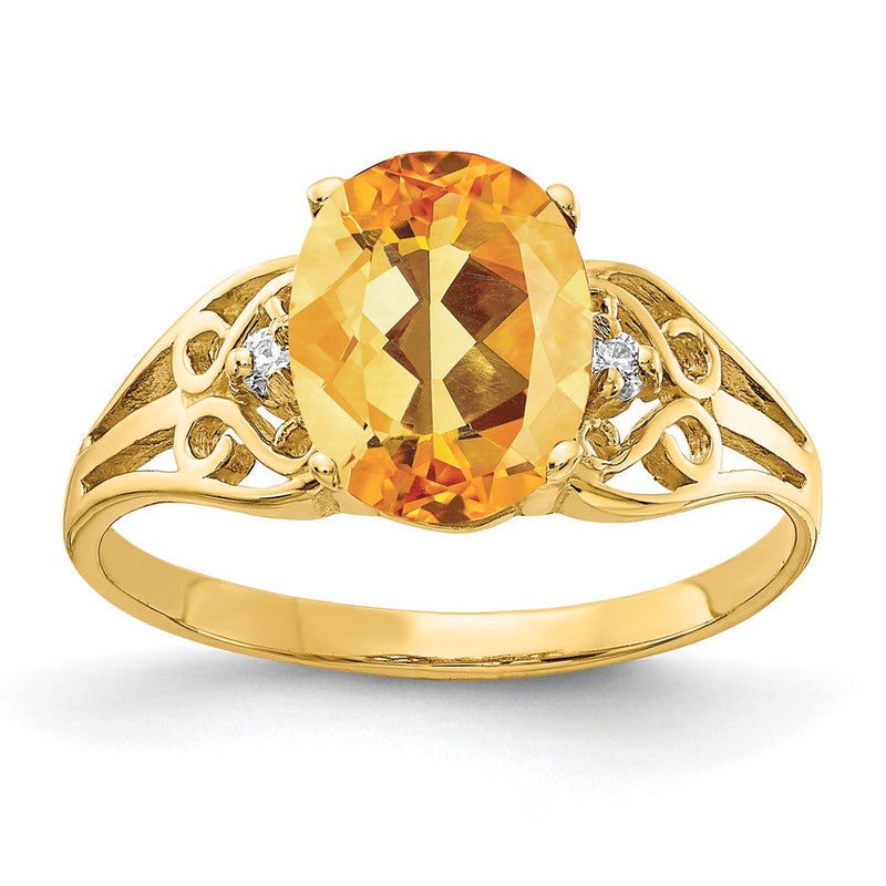 14K Gelbgold-Ring mit ovalem 9x7 mm Citrin und echtem Diamant