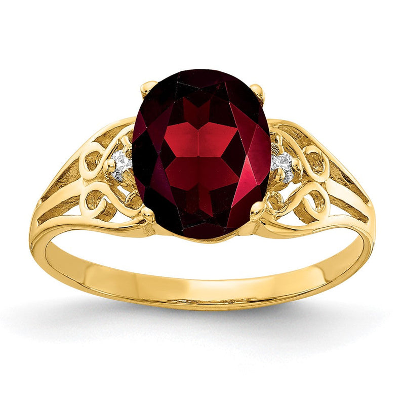 14K Gelbgold Ring mit ovalem AAA-Granat 9x7 mm und echten Diamanten