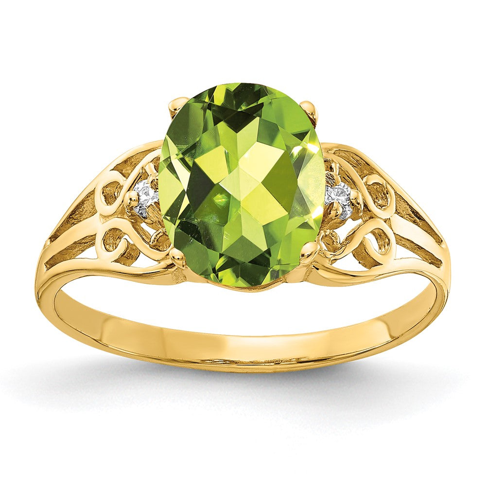 14K Gelbgold 9x7mm Oval Peridot A Echt Diamant Ring