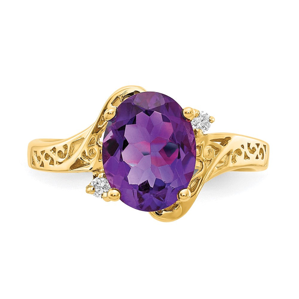 14K Gelbgold 9x7mm Oval Amethyst A Echt Diamant Ring
