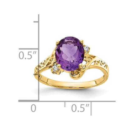 14K Gelbgold 9x7mm Oval Amethyst A Echt Diamant Ring