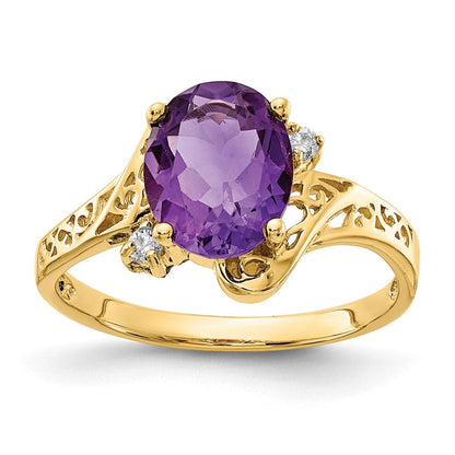 14K Gelbgold 9x7mm Oval Amethyst A Echt Diamant Ring