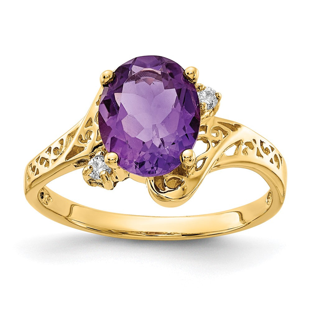 14K Gelbgold 9x7mm Oval Amethyst Karo A Diamant Ring