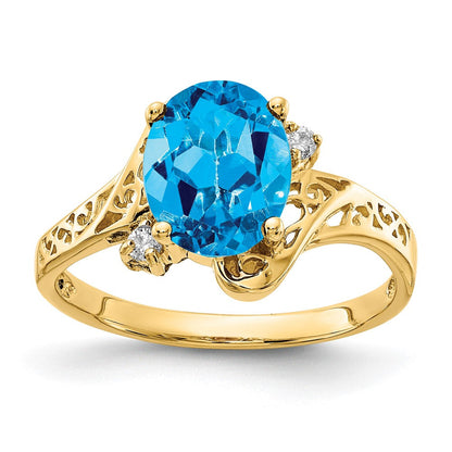14K Gelbgold 9x7mm Oval Blautopas Karo A Diamant Ring