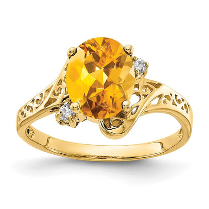 14K Gelbgoldring mit ovalem Citrin 9x7mm und echtem Diamant