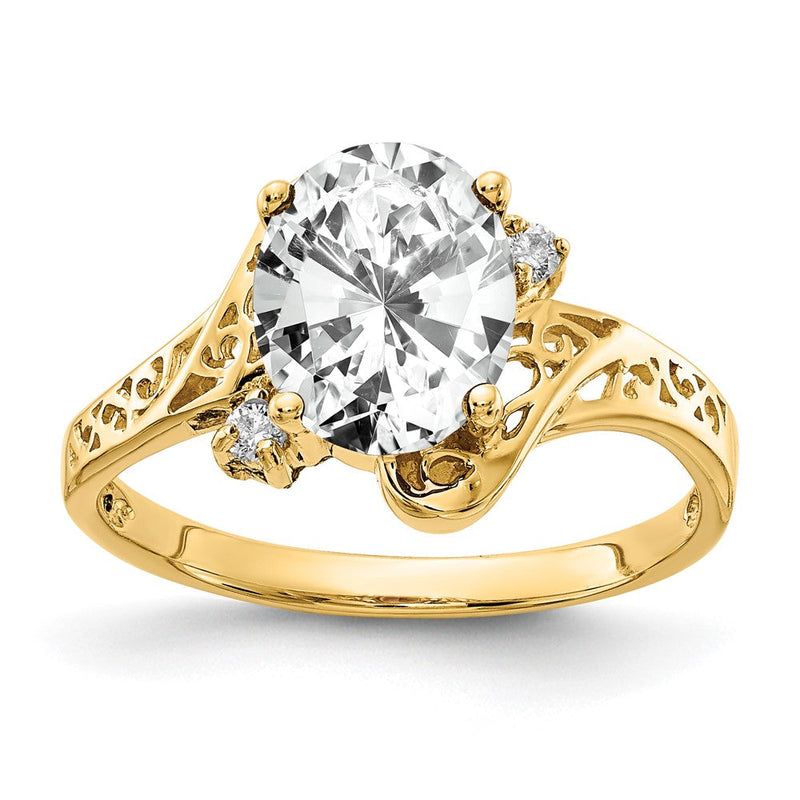 14K Gelbgold Ring mit ovalem 9x7mm Zirkonia AA und echtem Diamant