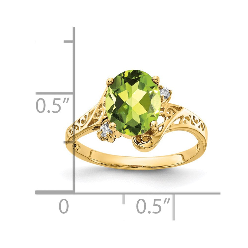 14K Gelbgold 9x7mm Oval Peridot A Echt Diamant Ring