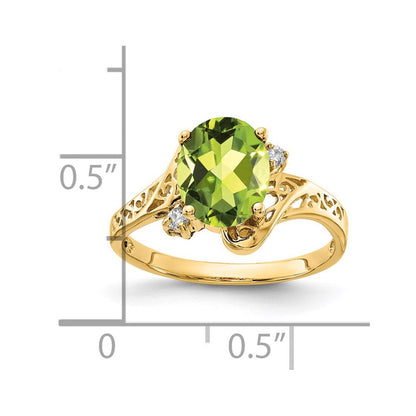 14K Gelbgold 9x7mm Oval Peridot A Echt Diamant Ring