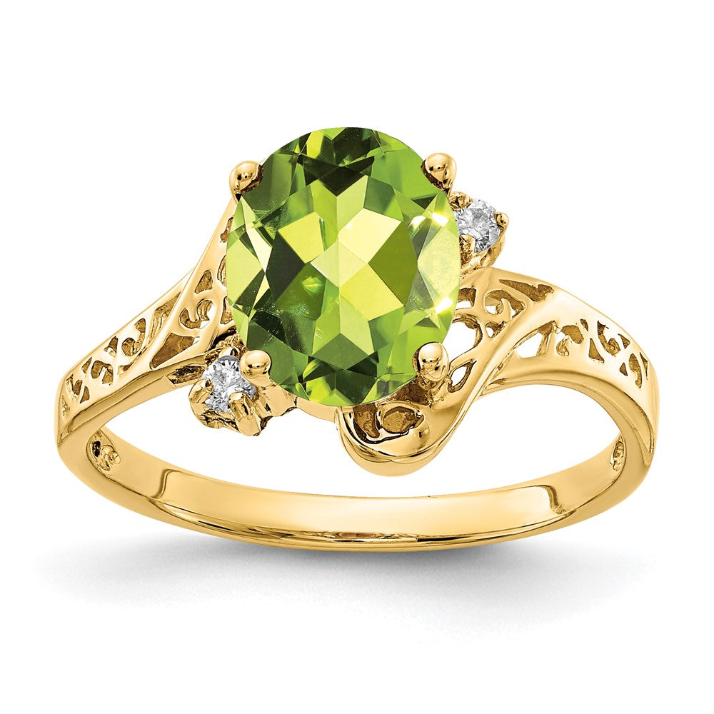 14K Gelbgold 9x7mm Oval Peridot A Echt Diamant Ring