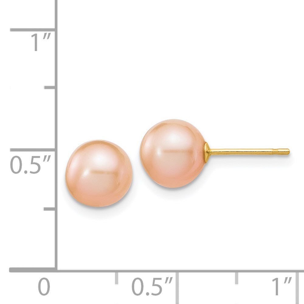 14K Gelbgold 7 8mm Rosa Rund Süßwasser Zuchtperle Ohrstecker