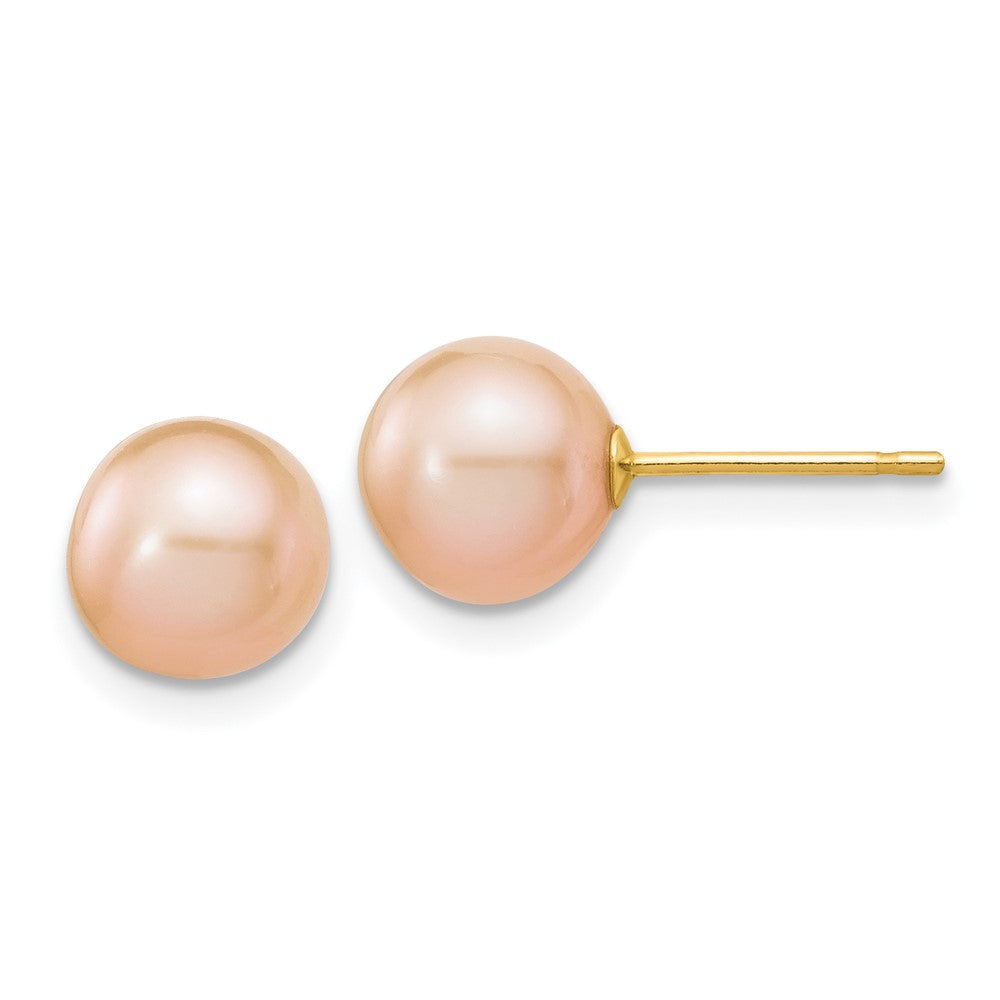 14K Gelbgold 7 8mm Rosa Rund Süßwasser Zuchtperle Ohrstecker