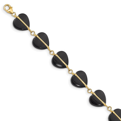14K Gelbgold Schwarz Onyx Herzen 7 Zoll Armband