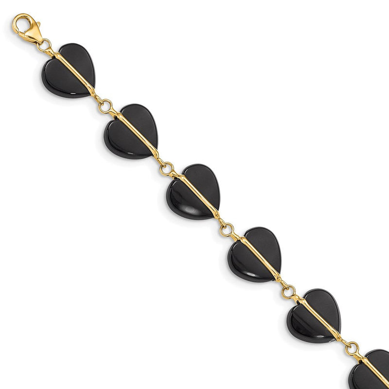 14K Gelbgold Schwarz Onyx Herzen 7 Zoll Armband