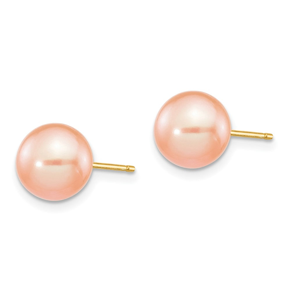 14K Gelbgold 8 9mm Rosa Rund Süßwasser Zuchtperle Ohrstecker