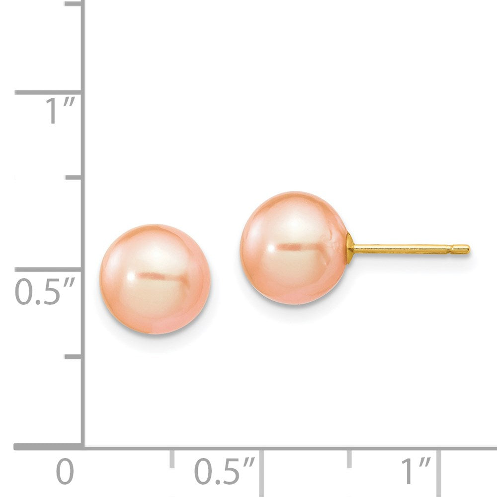 14K Gelbgold 8 9mm Rosa Rund Süßwasser Zuchtperle Ohrstecker
