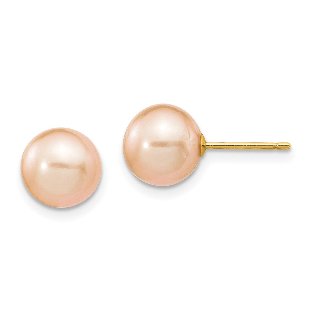 14K Gelbgold 8 9mm Rosa Rund Süßwasser Zuchtperle Ohrstecker