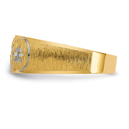 14K Gelbgold und Rhodium Aa Qualität.03 Karat Diamant Trio Herren Komplett Ehering mit Kreuz