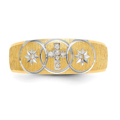 14K Gelbgold und Rhodium Aa Qualität.03 Karat Diamant Trio Herren Komplett Ehering mit Kreuz
